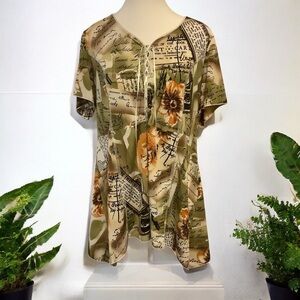 CLAIRE FRANCE ABSTRACT/LETTER PRINT/ SHORT SLEEVE/ LACE-UP TUNIC BLOUSE/ Size 1X